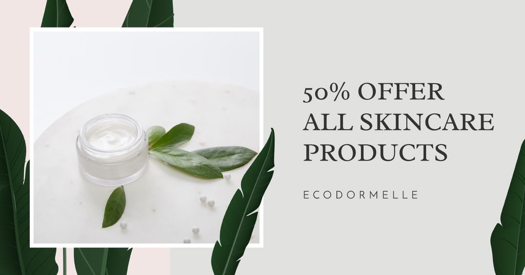 Ontwerpsjabloon van Facebook AD van Skincare Products Discount Offer with Green Leaves