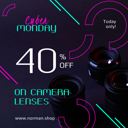 Platilla de diseño Cyber Monday Sale Camera Lenses in Black Instagram