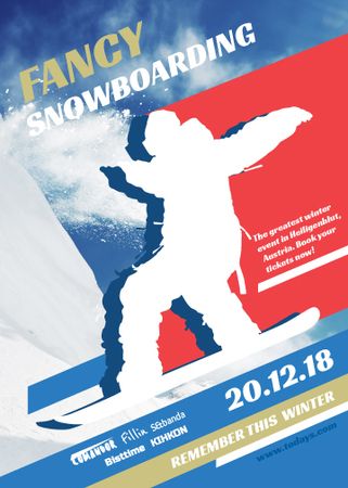 Plantilla de diseño de Snowboard Event announcement Man riding in Snowy Mountains Invitation 