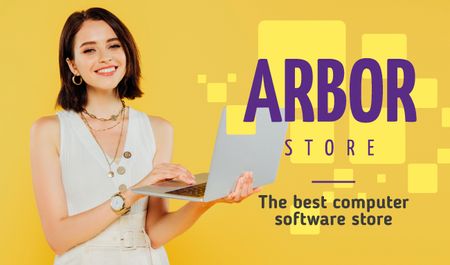 Software Store Ad Woman with Laptop Business cardデザインテンプレート