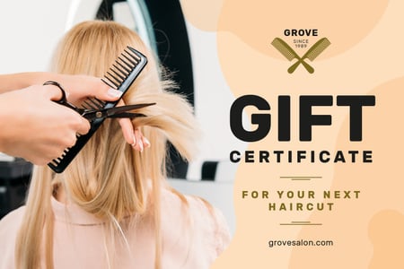 Hair Studio Ad with Hairstylist Cutting Hair Gift Certificate Šablona návrhu