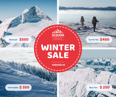 Plantilla de diseño de Winter Tour offer Hikers in Snowy Mountains Facebook 