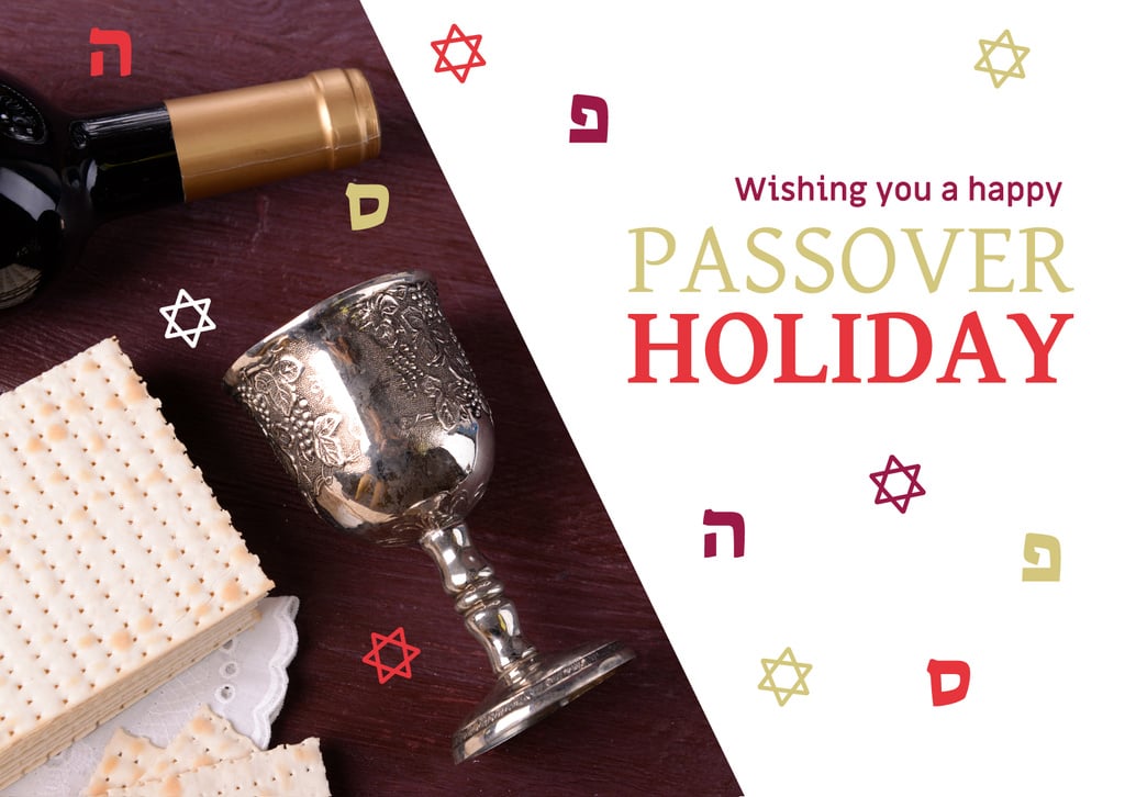 Happy Passover Holiday Greeting with Wine and Bread Postcard Design Template