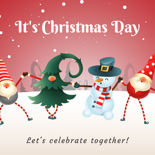 Elves and snowman dancing with Christmas tree Animated Post Design Template