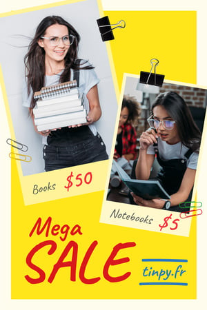 Sale Offer with Woman with Books and Notebooks Pinterest Modelo de Design