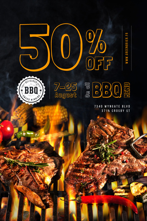 BBQ Menu with Grilled Meat on Fire Pinterest Design Template