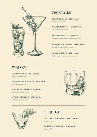 Bar Cocktails sketches Menu Πρότυπο σχεδίασης