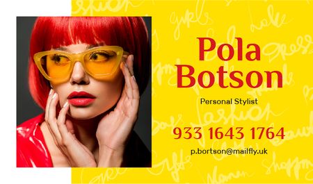 Hairstylist Contacts Girl with Red Hair Business card Design Template