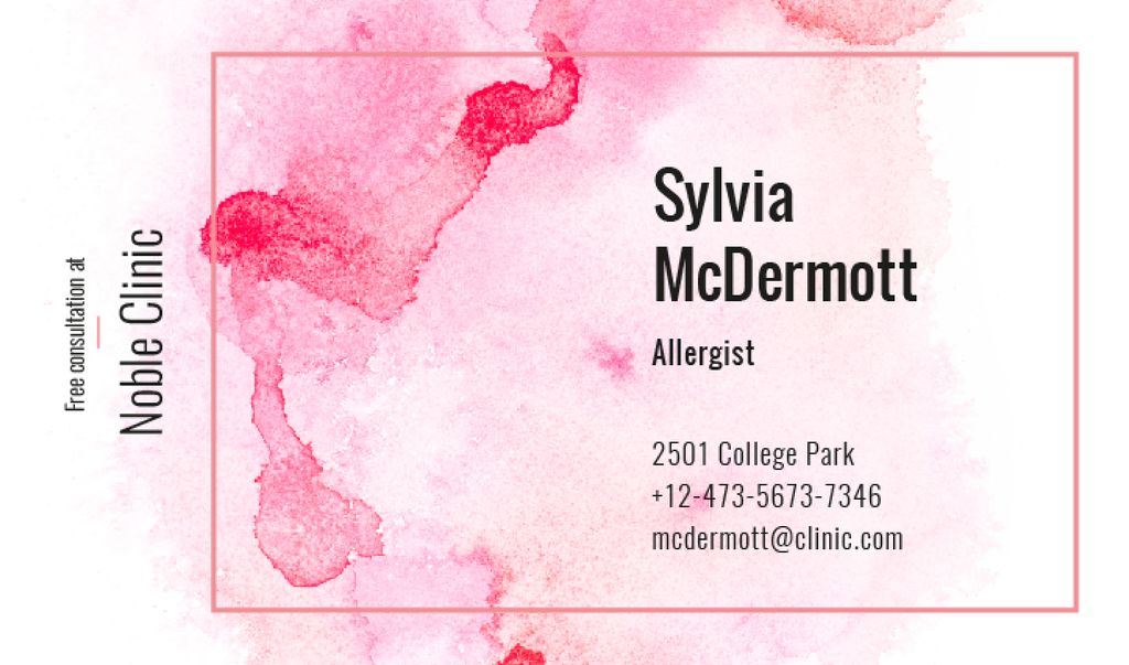 Doctor Contacts on Watercolor Paint Blots in Pink Business card Design Template
