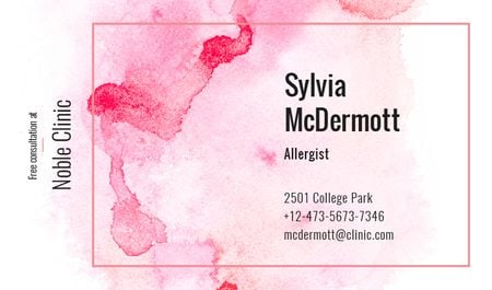Doctor Contacts on Watercolor Paint Blots in Pink Business card Tasarım Şablonu