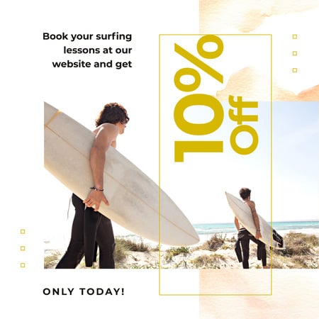 surfing oppitunnit tarjoavat miehille, joilla on levyt rannalla Instagram AD Design Template