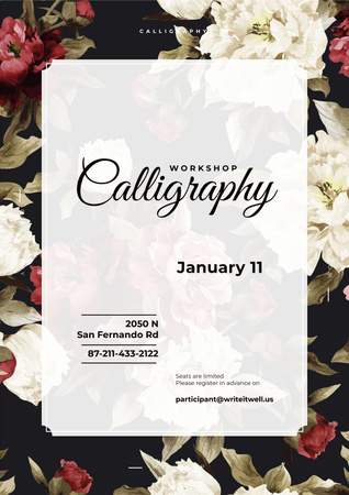 Calligraphy workshop Announcement with flowers Poster – шаблон для дизайна
