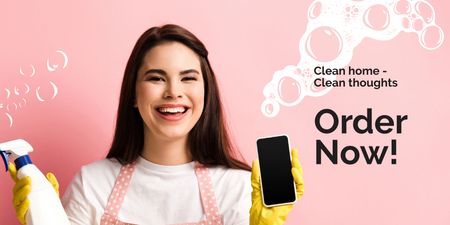 Smiling Cleaner with Detergent and Smartphone Twitter tervezősablon
