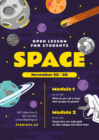 Space Lesson Announcement with Astronaut among Planets Poster tervezősablon
