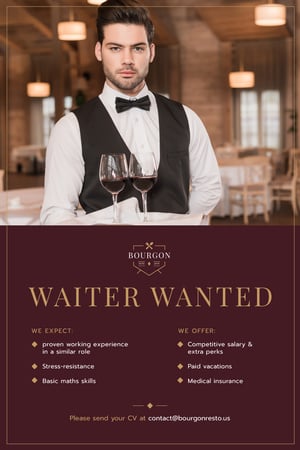 Waiter Wanted Announcement with Man Serving Wine Pinterest Design Template
