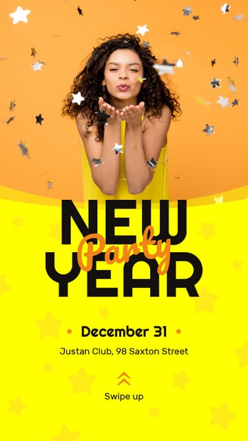 New Year Party Invitation Girl Blowing Confetti Instagram Story Modelo de Design