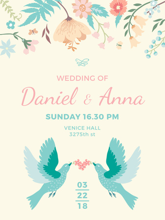 Wedding Invitation Loving Birds and Flowers Poster US Πρότυπο σχεδίασης