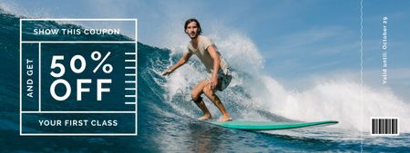 Ontwerpsjabloon van Coupon van Surfing Classes Offer with Man on Surfboard