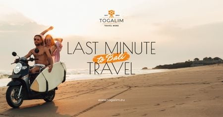 Plantilla de diseño de Last Minute Travel Offer Couple with Board on Scooter Facebook AD 