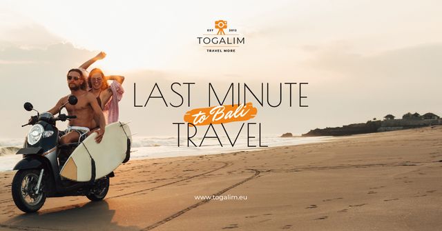 Last Minute Travel Offer Couple with Board on Scooter Facebook AD Modelo de Design