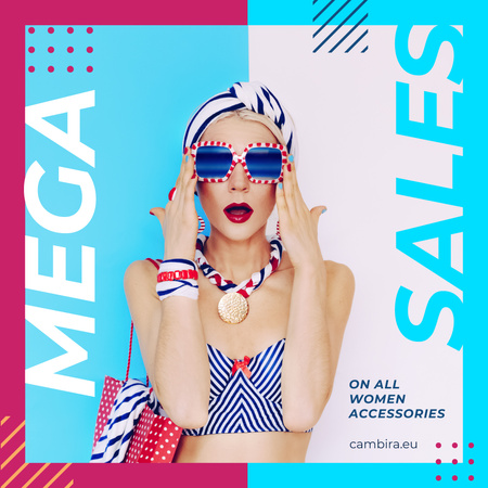 Female Accessories Sale Woman in Bright Blue Outfit Instagram AD Design Template