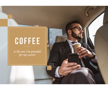 liikemies autossa kahvin ja älypuhelimen kanssa Facebook Design Template