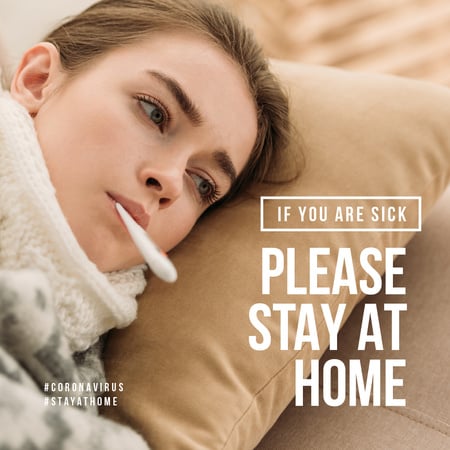 #StayAtHome Sick Woman measuring temperature Instagramデザインテンプレート