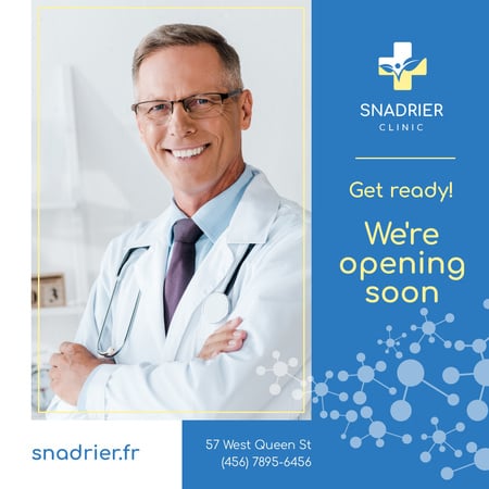 Clinic Opening Announcement Smiling Doctor with Stethoscope Instagram AD Design Template