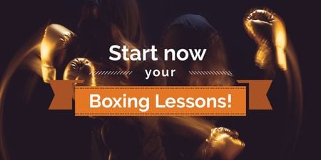 Plantilla de diseño de Anuncio de lecciones de boxeo con boxeador en guantes de perforación Twitter 
