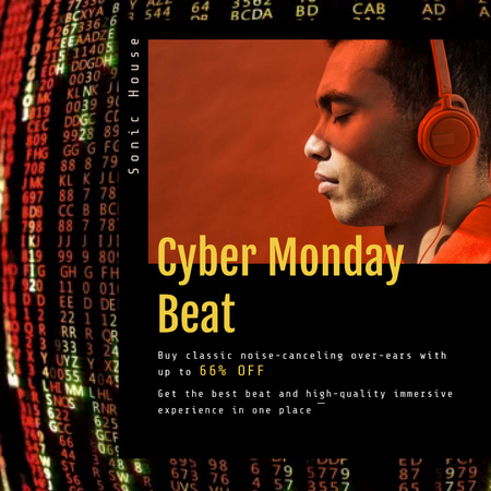 Platilla de diseño Cyber Monday Sale with Man in Headphones Animated Post