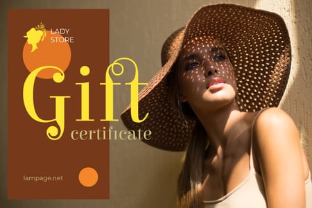 Platilla de diseño Clothes Store Ad with Attractive Woman in Sunhat Gift Certificate