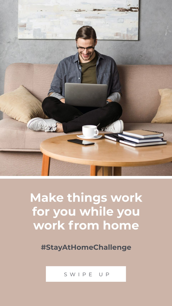 #StayAtHomeChallenge Man with laptop working on sofa Instagram Story Design Template
