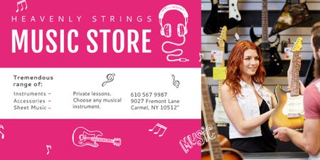 Music Store Ad Woman Selling Guitar Image Modelo de Design