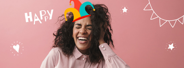 Happy girl in clown hat for Fool's Day Facebook Video cover Modelo de Design