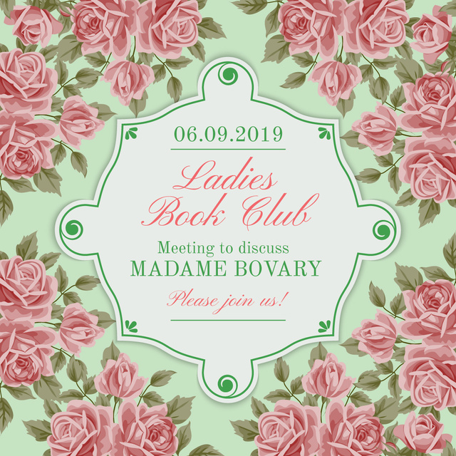 Book Club Meeting announcement with roses Instagram AD tervezősablon