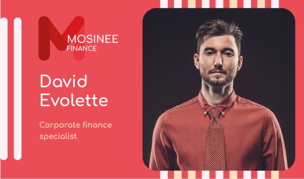 Modèle de visuel Finance Specialist Contacts with Confident Man in Red - Business card
