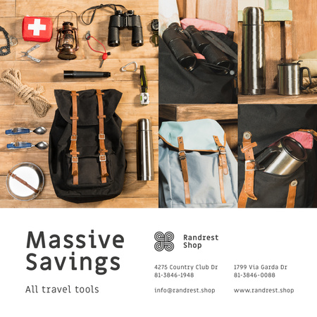 matkatyökalut kauppa myynti camping kit ja reppu Instagram Design Template