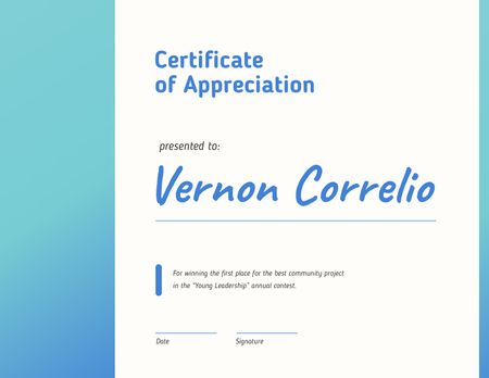Plantilla de diseño de Premio de apreciación del concurso de liderazgo en azul Certificate 