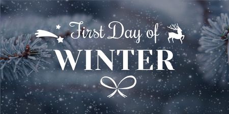 First day of winter with frozen fir tree branch Twitter Design Template