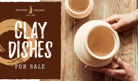 Ontwerpsjabloon van Business card van Ceramics Sale with Hands of Potter Creating Bowl