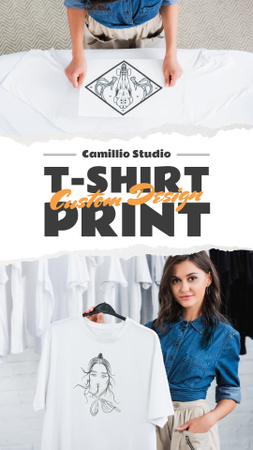 Custom Print Studio Ad Woman Holding T-shirt Instagram Story Design Template