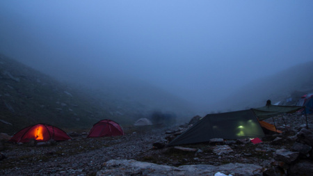 Tent town in the foggy Mountains Zoom Background Design Template