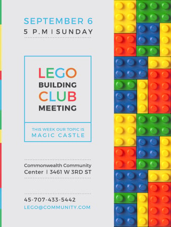 Plantilla de diseño de Lego Building Club meeting Constructor Bricks Poster US 