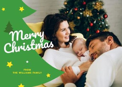 Merry Christmas Greeting With Family With Baby By Fir Tree 