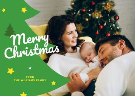 Designvorlage Merry Christmas Greeting with Family with Baby by Fir Tree für Postcard