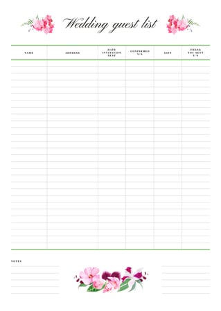 Wedding Guest List with Floral Illustrations Schedule Planner Design Template