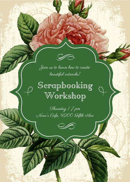 Scrapbooking workshop invitation on Rose flower Flayer Modelo de Design