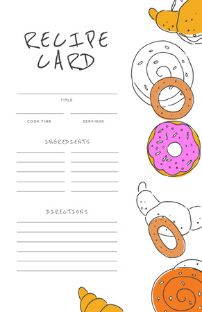 Funny Illustration of Donuts and Croissants Recipe Card Design Template