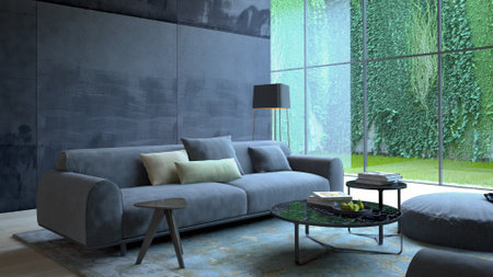 Plantilla de diseño de Modern Interior with Sofa in grey Zoom Background 