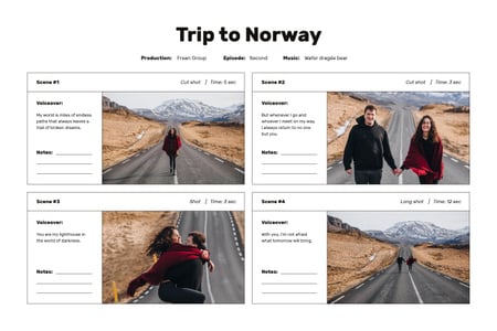 Couple travelling on Road in Norway Storyboard Modelo de Design
